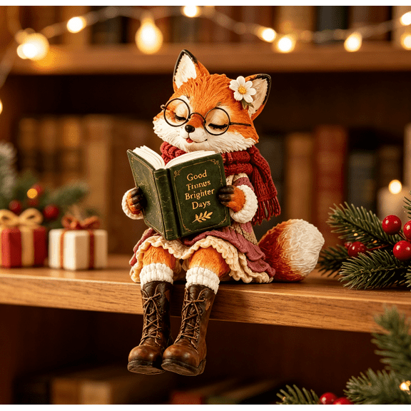 Reading Fox Shelf Sitter Figurine, Charming Collectible Fox Statue for Book Lovers and Gift Giving (B)