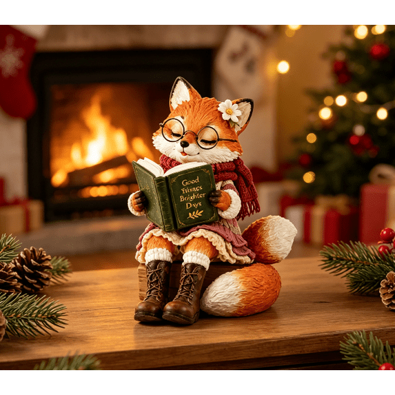 Reading Fox Shelf Sitter Figurine, Festive Woodland Animal Decor for Shelf Mantel and Desk (B)