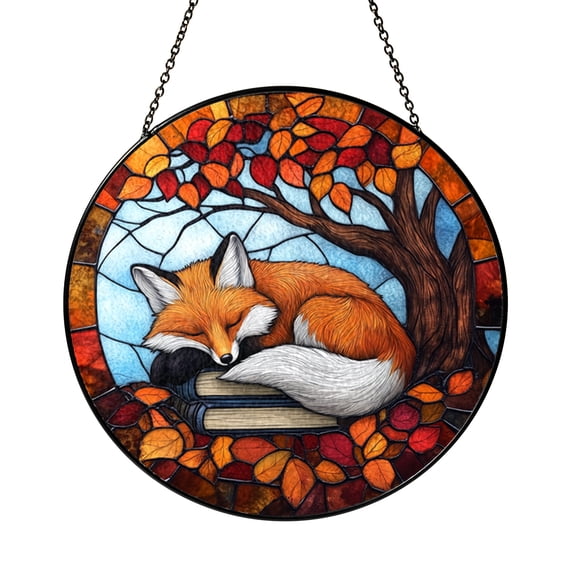 Reading Fox Stained Glass Suncatcher Window Hanging Decor, Woodland Fox with Books Under Autumn Leaves Glass Art Panel, Cozy Reading Nook Window Decoration Gift for Readers