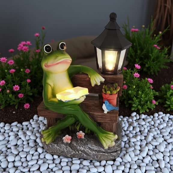 Reading Frog Solar Garden Statue with Lantern, Resin Outdoor Figurine Decor for Yard Patio Lawn Balcony