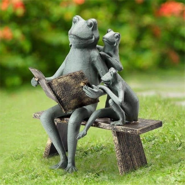 Reading Frog Verdigris Green Metal Family Garden Sculpture