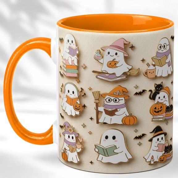 Reading Ghost Coffee Mug, Cute Halloween Mug, Ceramic 11 oz