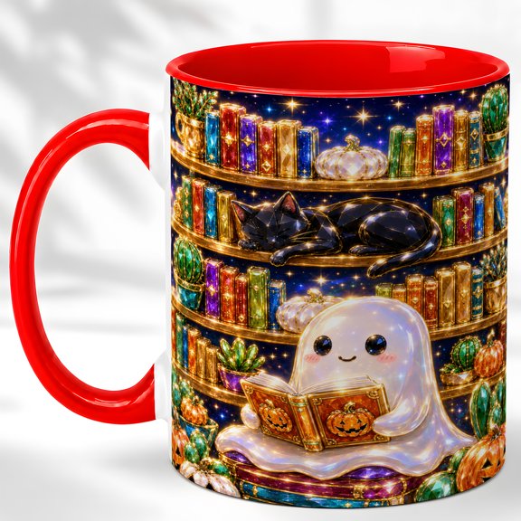 Reading Ghost Coffee Mug, Starry Library Mug, Ceramic 11 oz