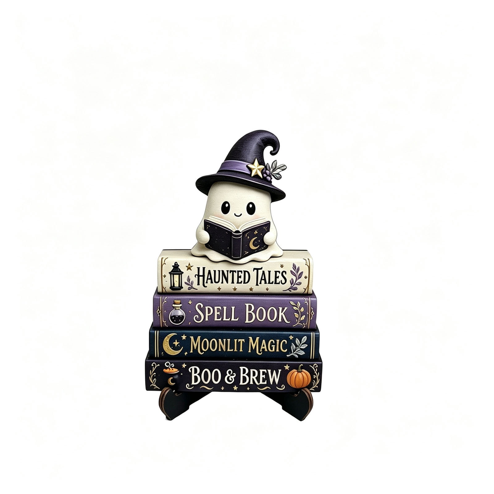 Reading Ghost Figurine, Cute Halloween Statue with Wooden Base for ...