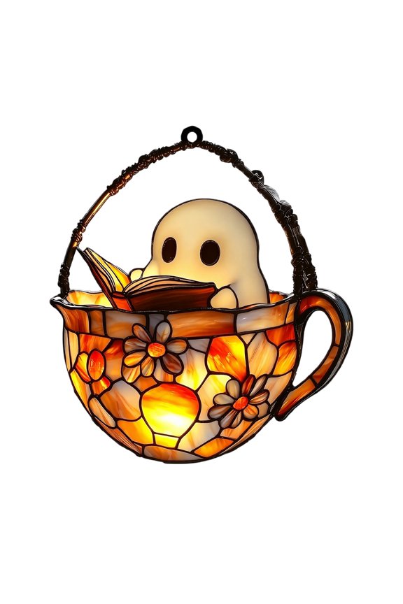 Reading Ghost in Floral Teacup 2D Acrylic Suncatcher - Faux Stained Glass Indoor Window Hanging Ornament, Outdoor Sun Catcher Panel, Home Decor Gift for Ghost Lovers (B)