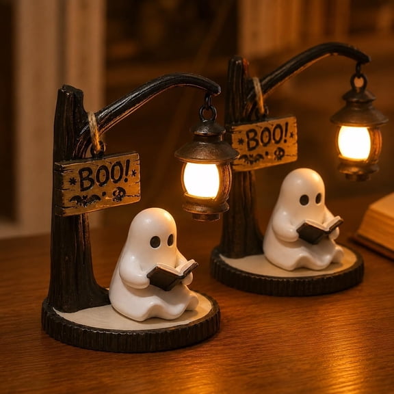 Reading Ghost LED Tree Light, Cute Ghost Reading Lantern, 3D Resin Halloween Ghost Night Light, Night Decorations Light Gift for Desks, Mantels(2PCS)
