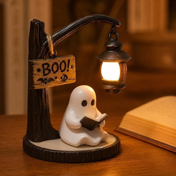 Reading Ghost LED Tree Light, Reading Ghost LED Tree Light Night Lamp Indoor Ambient Figurine Decor with Lantern BOO Sign Cozy Room Shelf Table Decoration Gift (1PC)