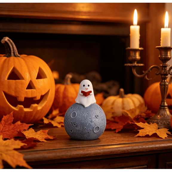 Reading Ghost Moon Night Light, 3D Textured Planet LED Table Lamp Warm Table Lamp for Halloween Bedroom Desk Space Themed Decor
