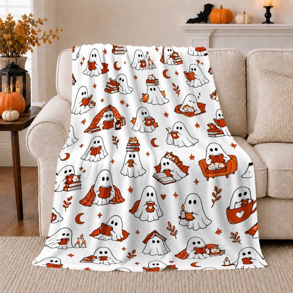 Reading Ghosts Autumn Cats Pattern, Playful Pet Portrait Pattern, Warm Flannel Blanket for Living Room and Bedroom, Cat Lovers autumn celebration Gift, Pet Lover Home Decor