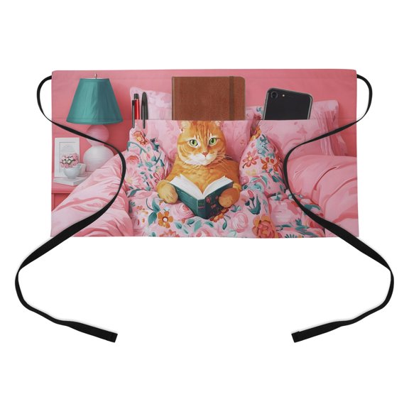 Reading Ginger Cat Kitchen Restaurant Half Waist Apron, Boho Animals Rose Pink Flower Patterns Server Short Apron with 3 Pockets Waterproof Oil Waist Aprons for Women Waitress Waiter