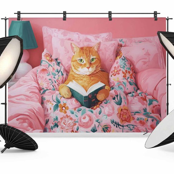 Reading Ginger Cat Photography Backdrop 7x5FT, Boho Animals Rose Pink Flower Patterns Photo Backdrops, Background for Photography Studio Photo Studio Background, Back Drop for Photoshoot