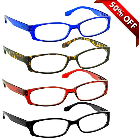 Reading Glasses +1.50 | 4 Pack of Readers for Men and Women | Black Tortoise Red Blue