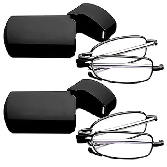 Reading Glasses 2 Pair Black  Readers Compact Folding Unisex Glasses for Reading Case Included-100°