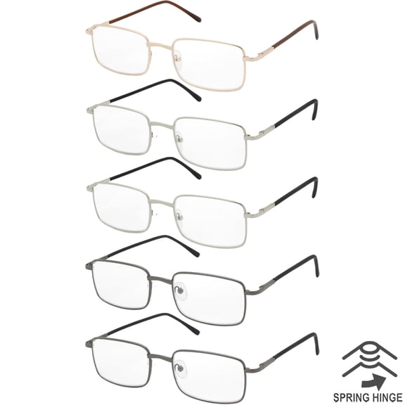 Reading Glasses 5 Pack Unisex Readers Spring Hinge Square Frame Glasses