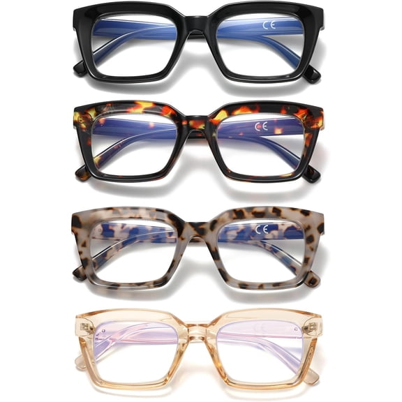 Reading Glasses for Women, 4 Oprah Style Square Blue Light Blocking Computer Readers for Women