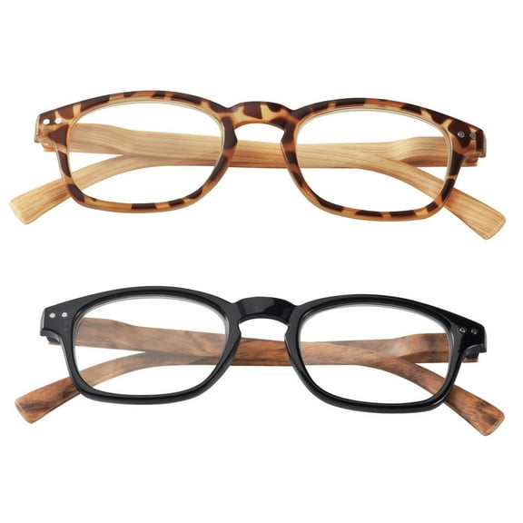 Reading Glasses with Wood Grain Bows, 2 Pair - Magnification 2.00X
