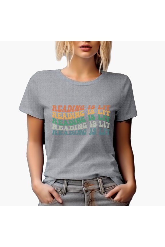 Reading Is Lit, Book Lover, Reading Enthusiast or Avid Reader Quote, Groovy Retro Wavy Text Merch Gift, Heather Grey T-Shirt, Medium