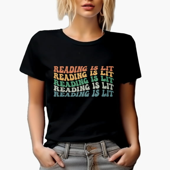 Reading Is Lit, Book Lover or Librarian Quote, Groovy Retro Wavy Text Merch Gift, Black T-Shirt, Small