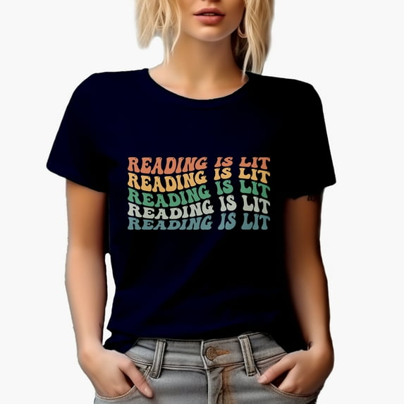 Reading Is Lit, Book Lover or Librarian Quote, Groovy Retro Wavy Text Merch Gift, Navy Blue T-Shirt, XL