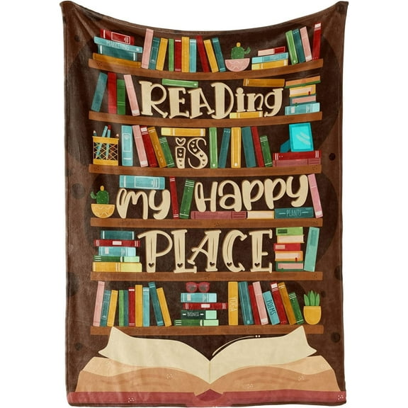 Reading Is My Happy Place Blankets, Book Lovers Fleece Sherpa Blanket, Gift For Reading Lover, Bookworm, Velveteen Minky Blanket, Blanket Gift