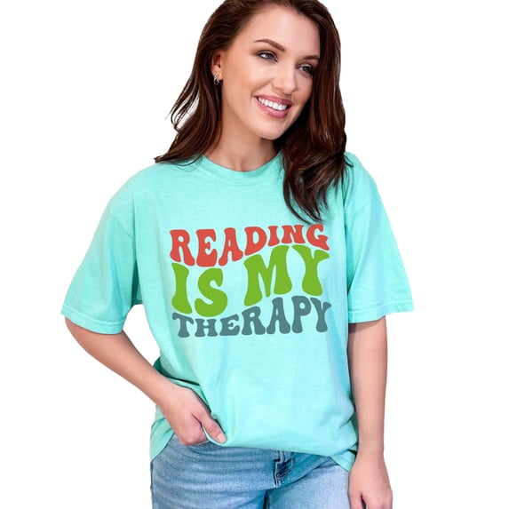 Reading Is My Therapy, Book Lover Quote, Groovy Retro Wavy Text, Chalky Mint Comfort Colors T-Shirt, XL