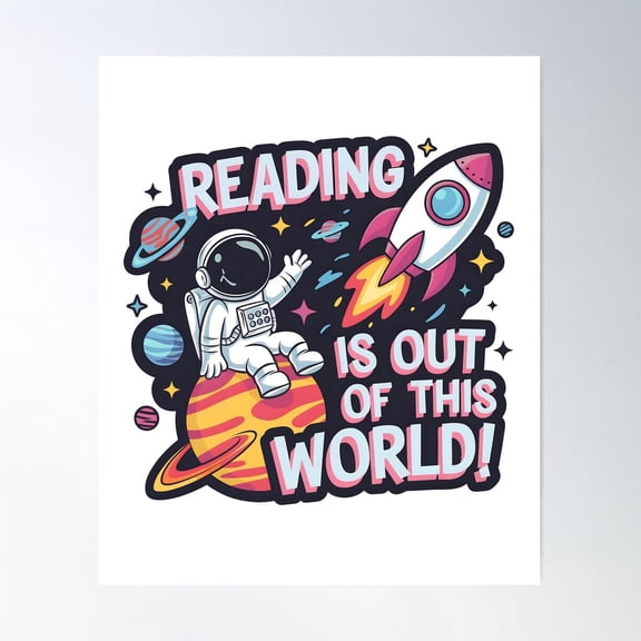Reading Is Out Of This World - Fun Astronaut Space Design Poster Wall Art, Modern Wall Decor For Living Room Bedroom, 8x12 UNFRAMED