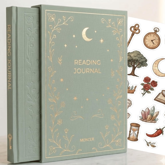 Reading Journal for Book Lovers Linen Hardcover Book Journal with Slipcase, Reading Log & Review Pages (67 Books), Fantasy Aesthetic Cover, Sticker Sheets (Sage Green)