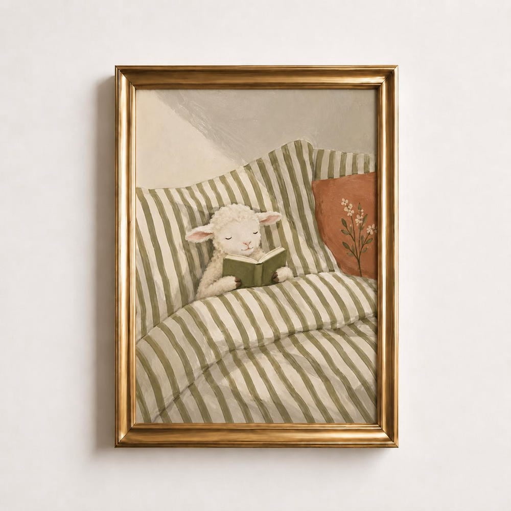 Reading Lamb Poster, Baby Sheep In Bed With Book, Sage Green Nursery ...