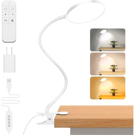 Reading Light with Remote,  Desk Lamp Clip  [1H Timer & Nightlight] RA>95 Dimmable Flexible Gooseneck, Reading Lamp with Clamp for Table - 4.7'' ( Included)