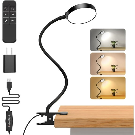 Reading Light with Remote, LED Desk Lamp Clip on [1H Timer & Nightlight] RA>95 Dimmable Flexible Gooseneck, Clamp for Table - 3.5'' (Adapter Included)
