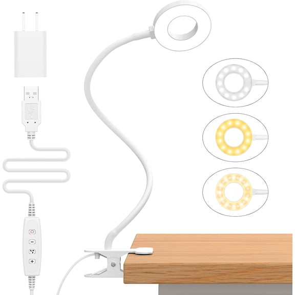 Reading Light, USB Clamp Lamp for Child Reading Book in Bed at Night, LED Small Desk Lamp with Silicone Adjustable Arm Clip on Beside Table for Studying Working Drafting Sewing - 15.8 White