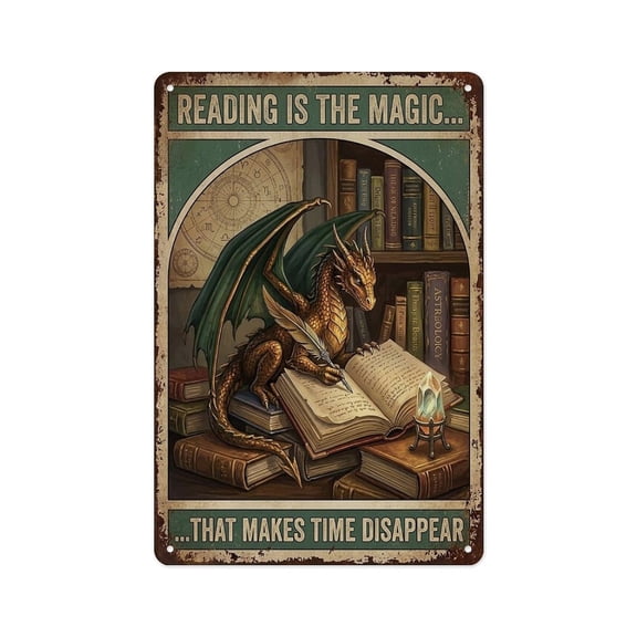 Reading Is The Magic Fantasy Dragon Book Sign Metal Tin Sign Wall Decor Wall Art Vintage Room Decoration Tin Painting Poker Room Poster for Home Man Cave Bar Cafe Store Garage Or Club 12x8 Inches
