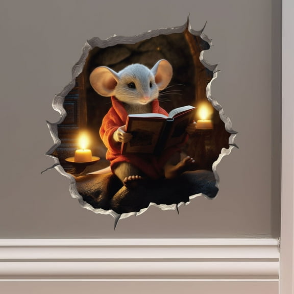 Reading Mouse in Mouse Hole Decal - Mouse Hole 3D Wall Sticker