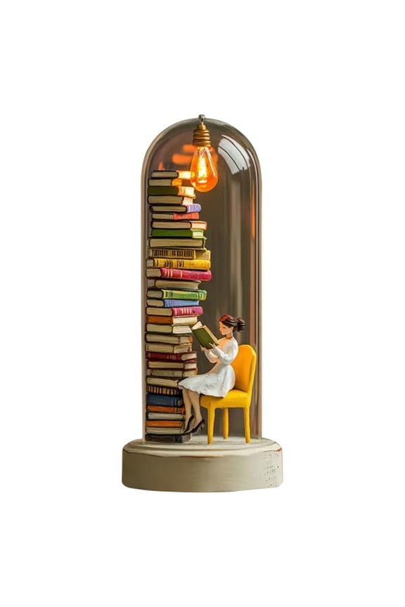 Reading Night Light Miniature Book Enthusiast Sculpture with Mini Books and LED Light, Desk Lamp for Bibliophiles, Study Room Decor, Home Office Accent Lamp, Gift for Readers, Writers and Educators
