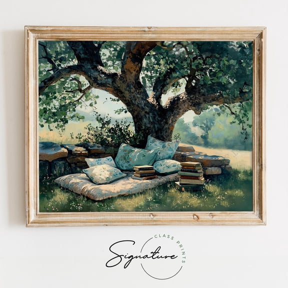 Reading Nook Art, Vintage Tree Shade Landscape, Peaceful Garden Retreat Poster, Cozy Outdoor Reading Spot, 587 Unframed Paper Print