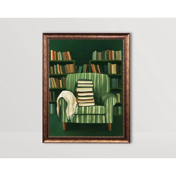 Reading Nook, Book Wall Art, Cozy Library Decor, Book Stack Emerald Green Trendy Academia poster Bookish Preppy Dorm Room Unframed Paper Print