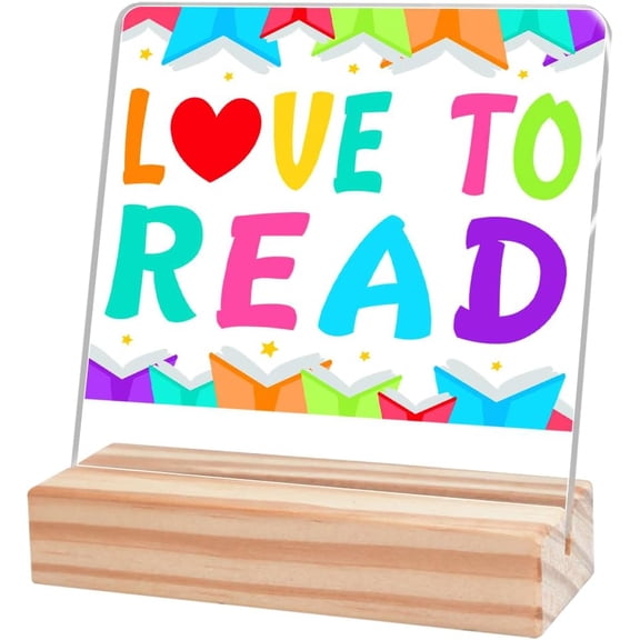 Reading Nook Decor,Love to Read Acrylic Desk Plaque Sign with Wooden Stand for Library Reading Room Nursery Classroom Shelf Table Decor 4x4 Inch