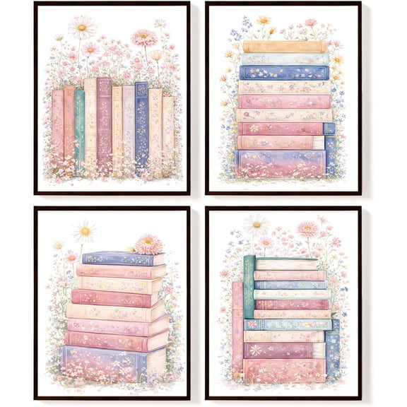 Reading Nook Decor, Pink Floral Book Wall Art Posters Set of 4, Pastel Book Stack Prints, Cute Library Wall Decor for Girls Room Bedroom Classroom Playroom, 8x10 Unframed