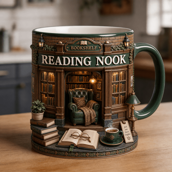 Reading Nook Mug 3D Effect Bookshelf Coffee Cup for Book Lovers