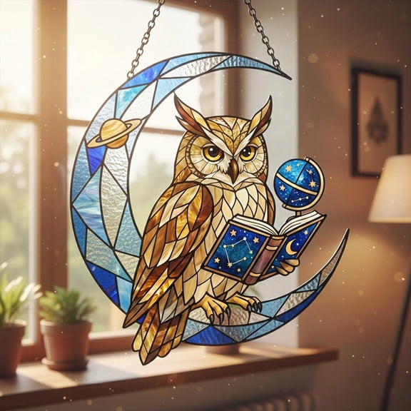 Reading Owl 2D Flat Acrylic Sun Catcher - Window Hanging Decor | Celestial Moon Design | Book Lover Owl Art | Unique Gift for Readers | Home Window Ornament