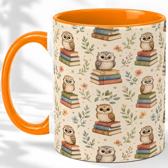 Reading Owl Accent Mug, 11oz Ceramic Coffee Cup for Book Lovers