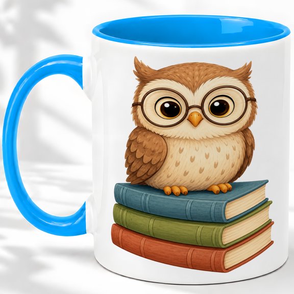 Reading Owl Accent Mug, 11oz Ceramic Coffee Cup for Book Lovers