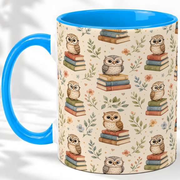 Reading Owl Accent Mug, 11oz Ceramic Coffee Cup for Book Lovers