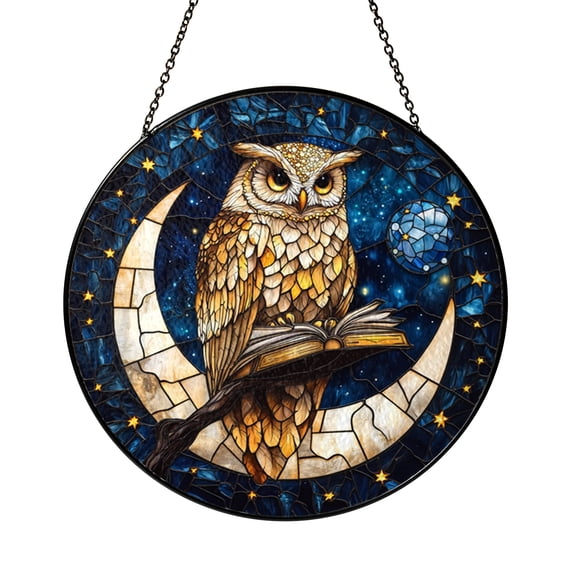 Reading Owl Acrylic Stained Glass Style Suncatcher Window Hanging, Moon Night Bird Art Decor, Book Lover Theme Ornament, Celestial Inspired Home Accent