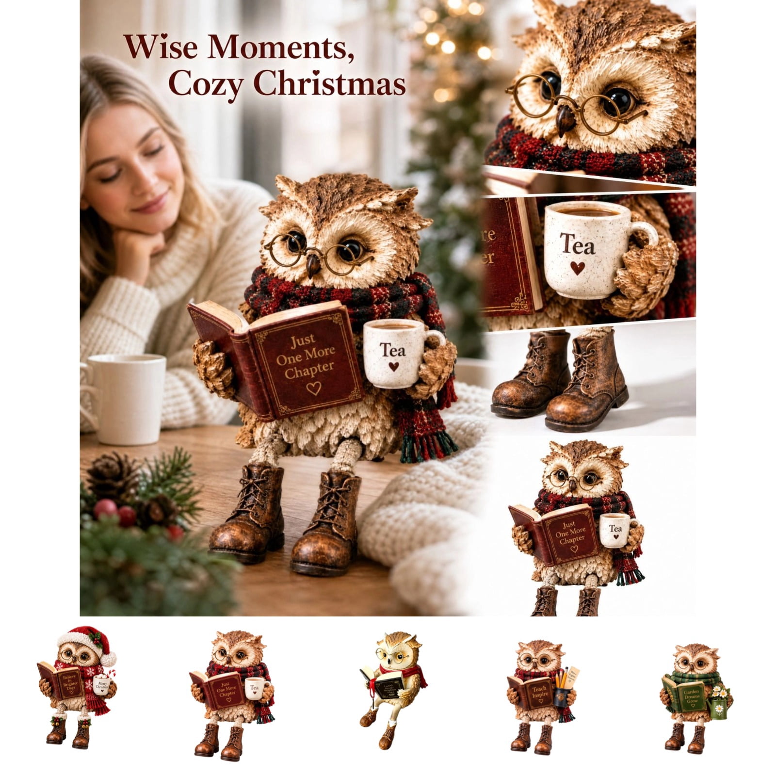Reading Owl Figurine, Book Lover Owl Shelf Sitter with Glasses and Book ...