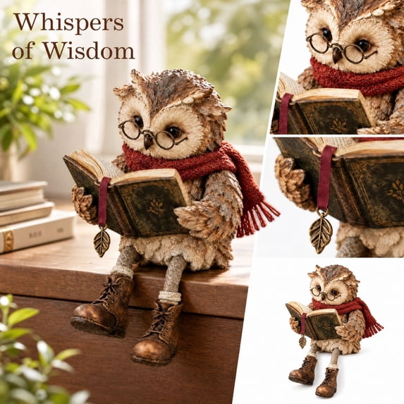 Reading Owl Figurine with Book Round Glasses Vintage Rustic Shelf Sitter with Dangling Legs and Boots, Woodland Farmhouse Tabletop Decor for Bookshelf, Mantel, Home Office and Reader Gifts