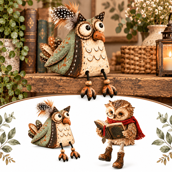 Reading Owl Figurine, Rustic Owl Holding Book with Round Glasses Scarf and Boots, Cute Literary Decor for Bookshelf Mantel Desk Reading Nook and Home