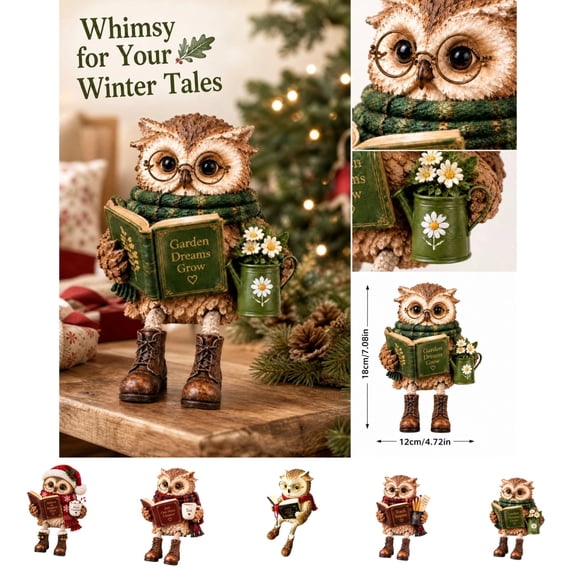 Reading Owl Figurine, Owl Statue with Glasses and Book, Resin Reading Owl Statue for Farmhouse Bookshelf and Book Lovers