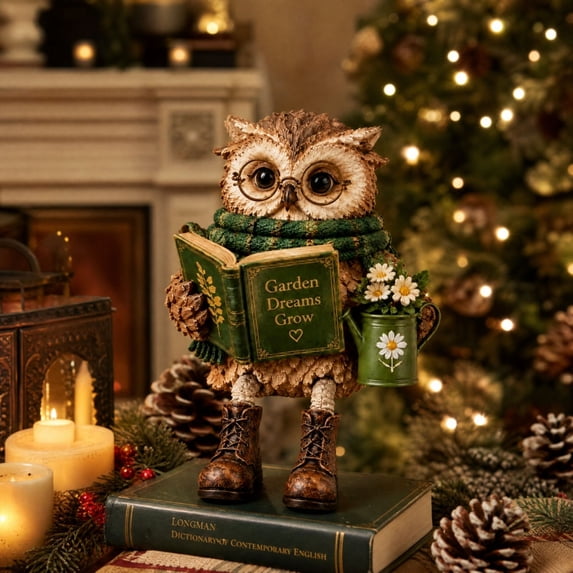 Reading Owl Figurine, Whimsical Owl Statue for Bookshelf and Desk, Great Gift for Readers and Collectors (C)