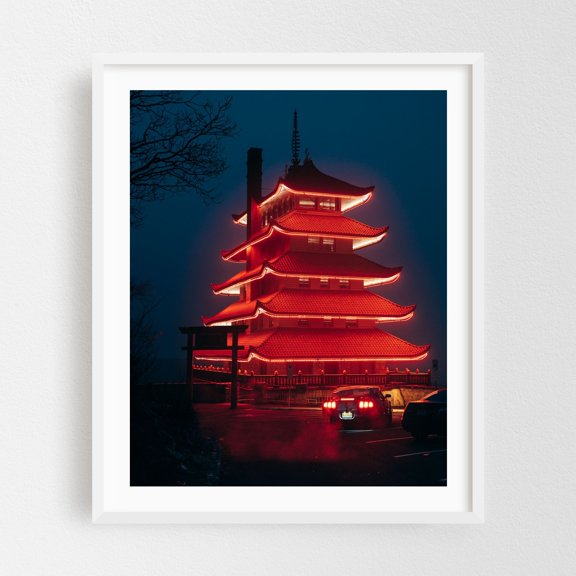 Reading Pagoda 02 - Reading Pennsylvania Photography Architecture Neon Sign Night Sky Travel Poster Car Scenic White Framed Wall Art Print 6 x 8 inches